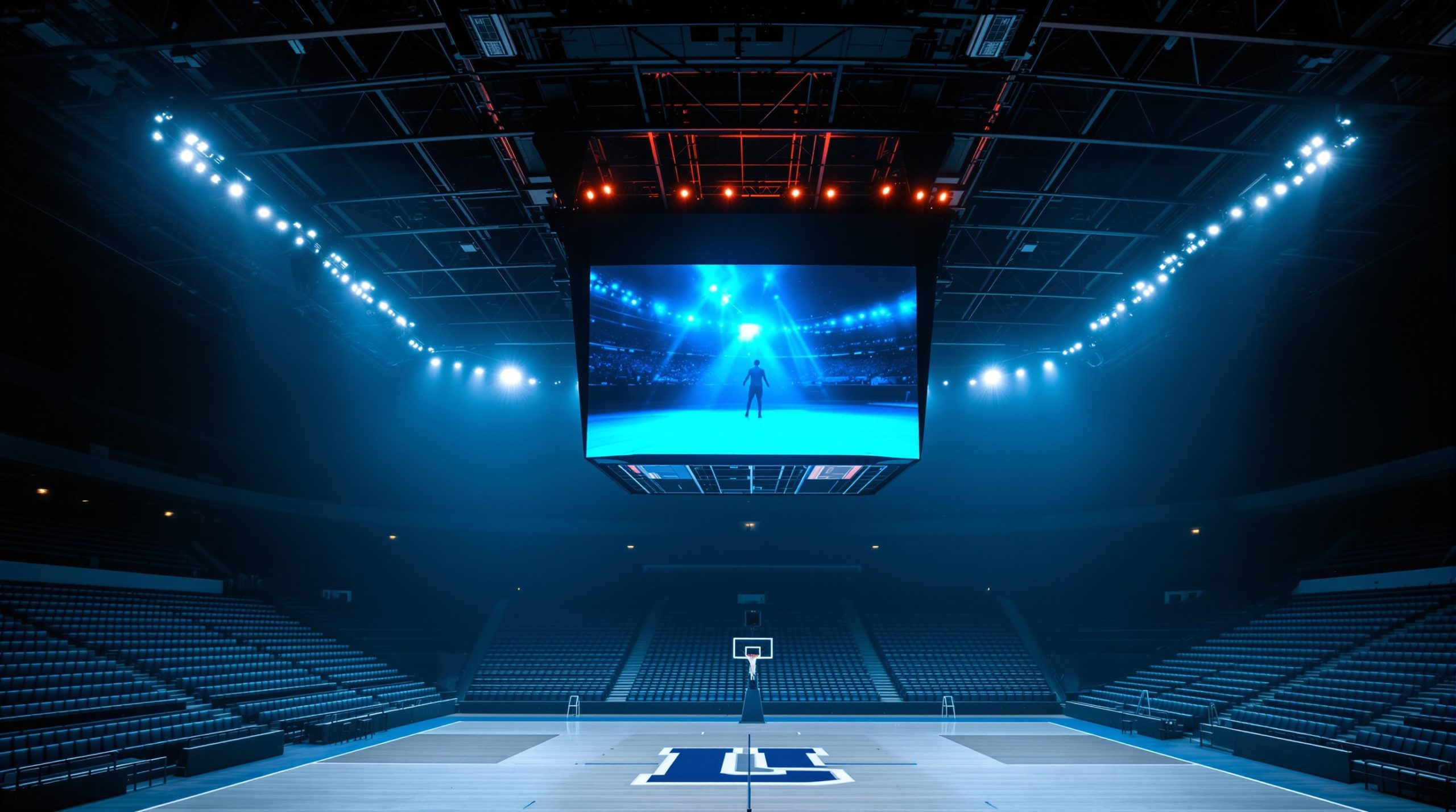 Center-hung LED video board in a university indoor arena at dusk