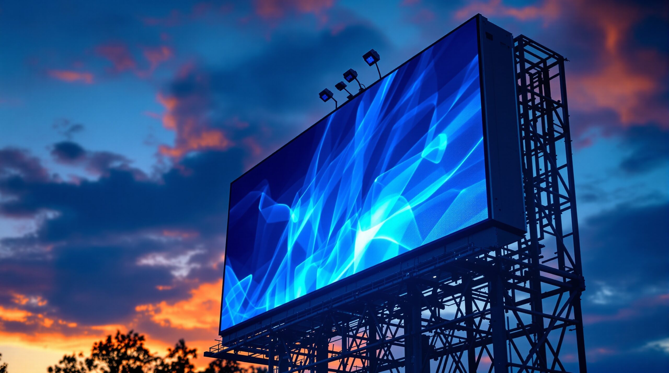Outdoor-rated LED video board cabinet panels with weatherproof housing at dusk