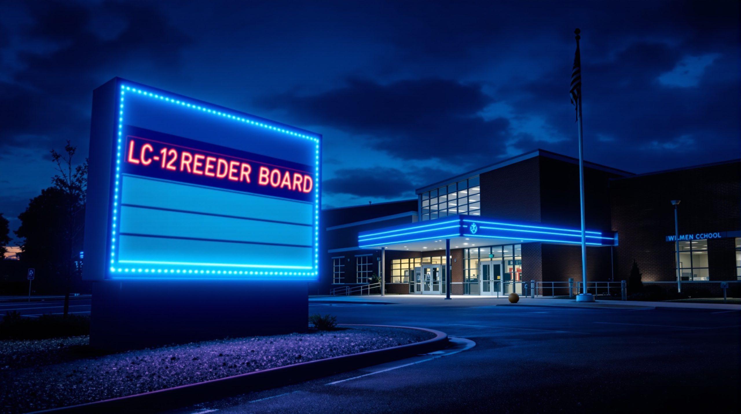 Illuminated LED marquee reader-board sign glowing at a K-12 school entrance at dusk