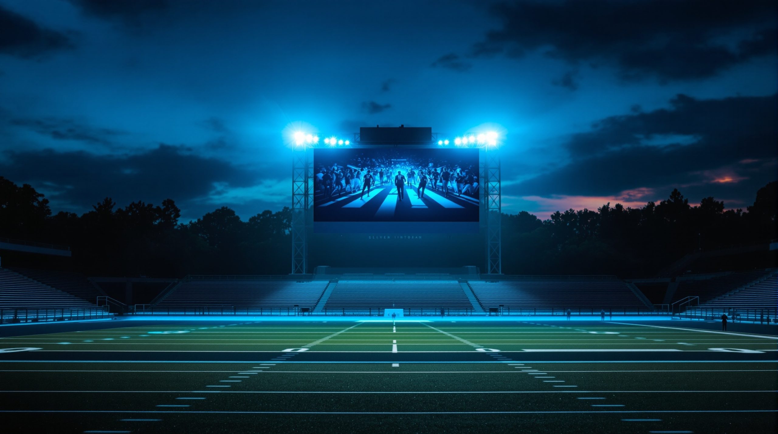 Glowing outdoor LED video board at a university campus stadium at dusk