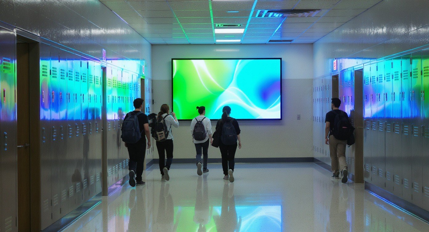 Glowing LED digital signage display in a K-12 school hallway at dusk