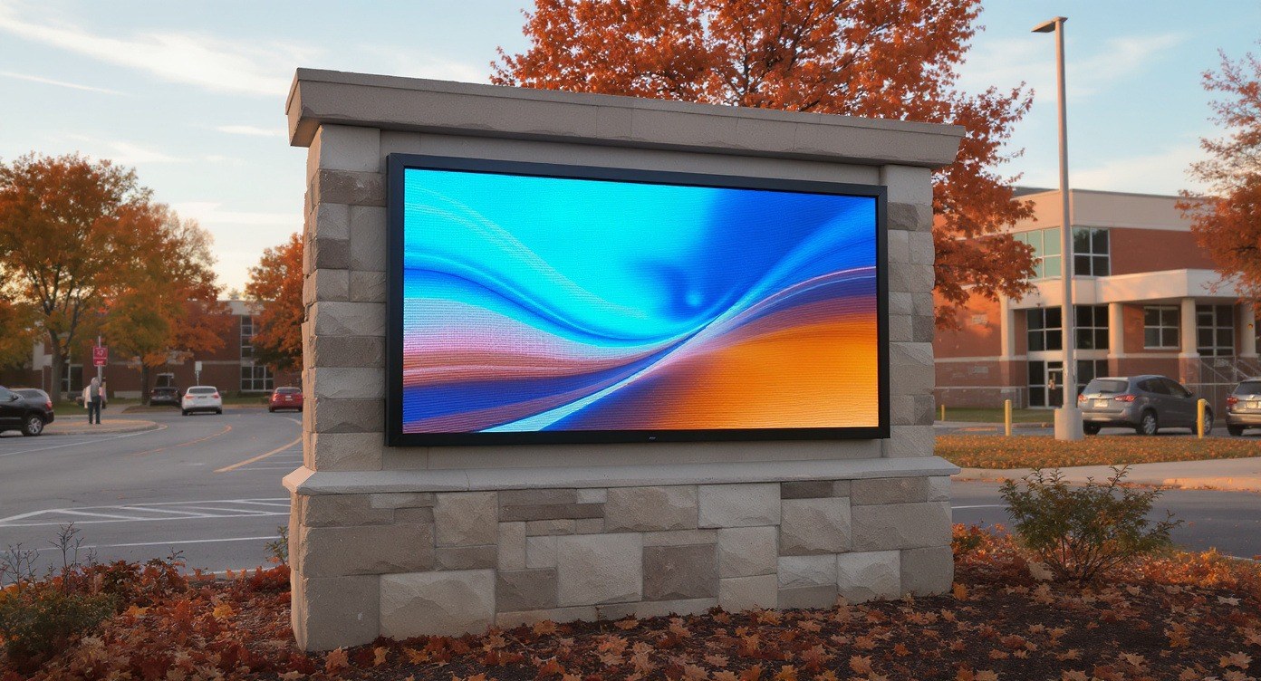 Illuminated LED marquee reader-board sign glowing at a K-12 school entrance at dusk