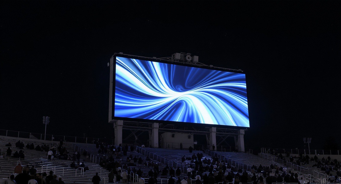 Glowing outdoor LED video board at a university campus stadium at dusk